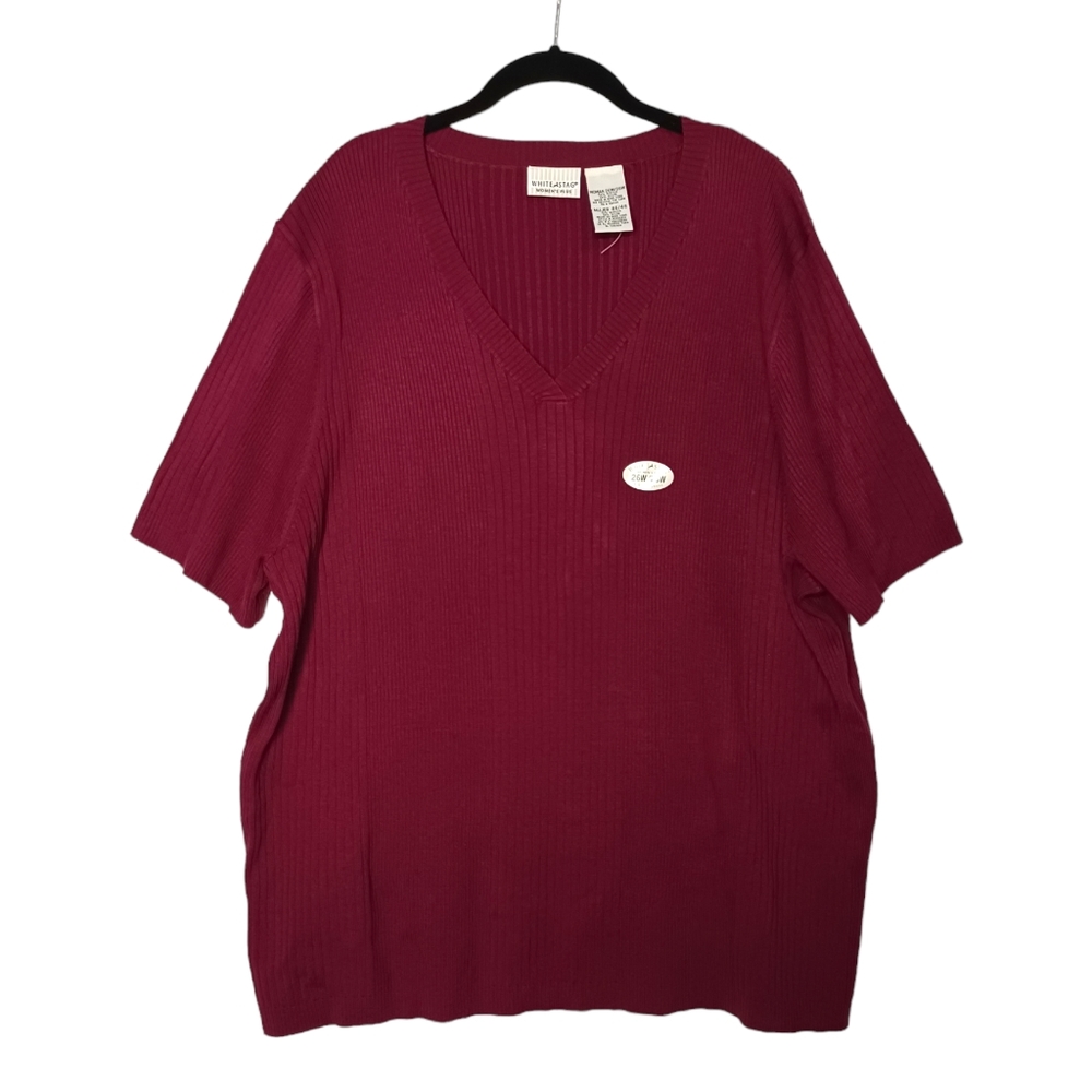 NEW WHITE STAG PLUS Burgundy Red Ribbed Stretchy Short Sleeve Top 26W/28W
